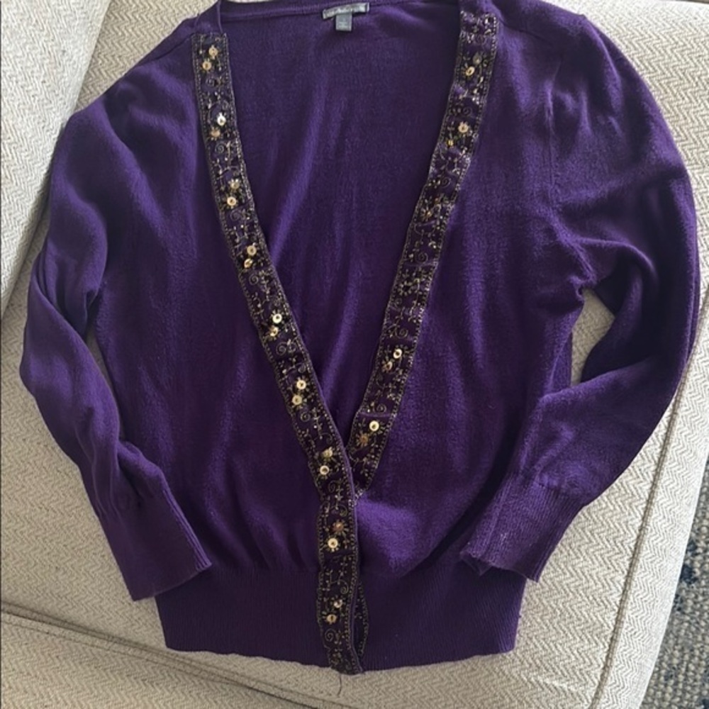 Women's Charlotte Russe Small Purple Cropped Sweater Cardigan Beaded Ribbon Trim